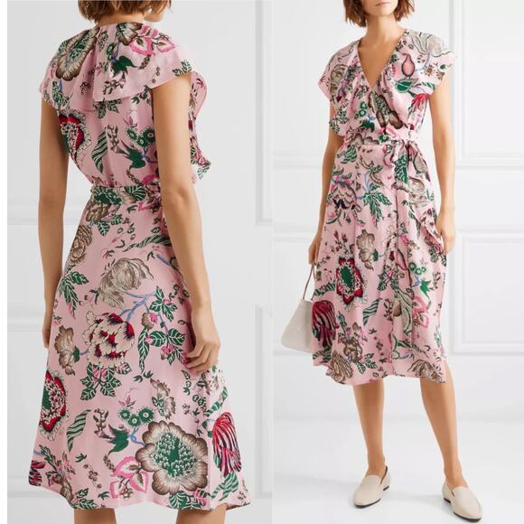 Tory Burch Adelia Floral Printed Wrap Midi Dress Pink Size 2 - Picture 2 of 15